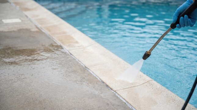 Pressure washing pool deck coping with high pressure water jet cleaner close up