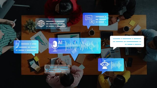 Group of diverse people collaborating around a table with icons representing technology, communication, and artificial intelligence in a modern working environment Gluon.