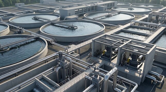 High angle view of a water treatment facility presenting multiple large circular clarification tanks, rectangular aeration basins, metal piping, and structural concrete framing.
