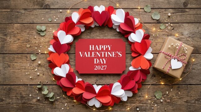 A wreath made of red and white paper hearts on a rustic wooden background, with a gift, box and fairy, lights, with happy, valentine's day 2027 text