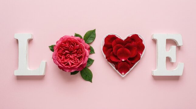 The word love spelled with white wooden letters, a pink rose, and a heart-shaped dish filled with red rose petals on a pink background