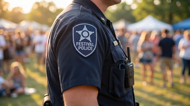Festival police officer on duty providing event security and public safety in a crowd