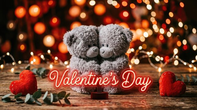 Two grey teddy bears sitting together on a rustic wooden surface with red hearts, glowing bokeh lights in the background, and valentine's day text