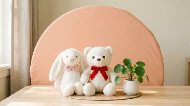 Two cute plush toys, a white teddy bear with a red bow and a white rabbit with a pink bow, sitting on a wooden table with a small green plant