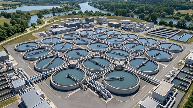 High aerial view of a large scale water treatment facility featuring a grid of sixteen circular clarification basins positioned near a river and green agricultural landscape.