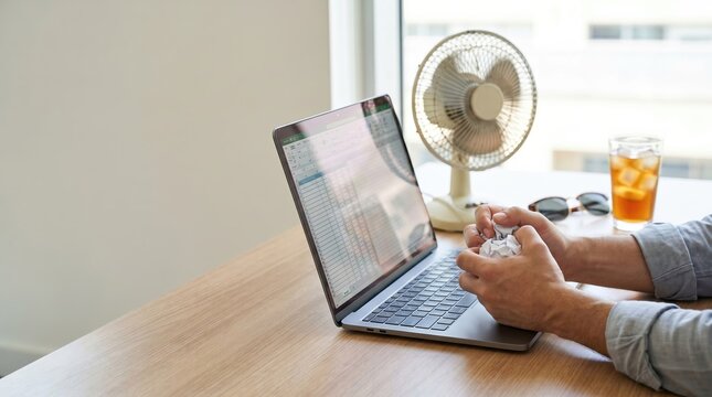 Frustrated adult man crushing paper at home office desk with laptop and fan