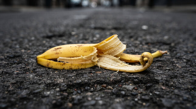 Discarded banana peel lying on asphalt road surface close up