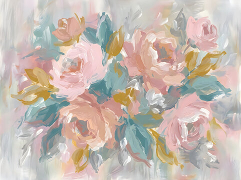 Soft pastel watercolor painting of a beautiful floral bouquet with pink roses and green leaves on textured paper
