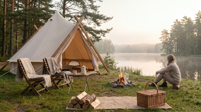 Glamping campsite by a serene lake with a luxury tent, campfire and picnic basket in morning mist