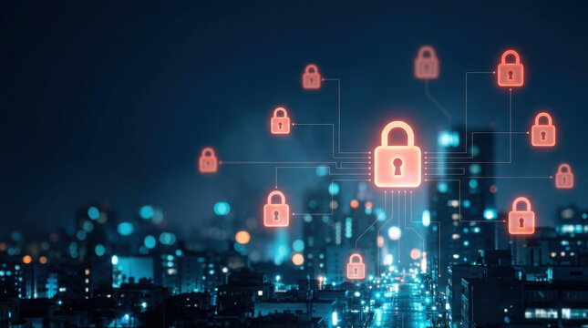 Central padlock linked to smaller locks by circuit lines over a night city, representing centralized cyber security management and endpoint protection