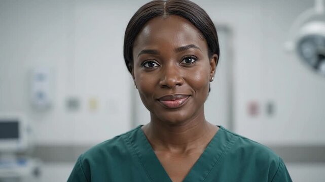 Female doctor standing in a hospital operating room looking directly at the camera.