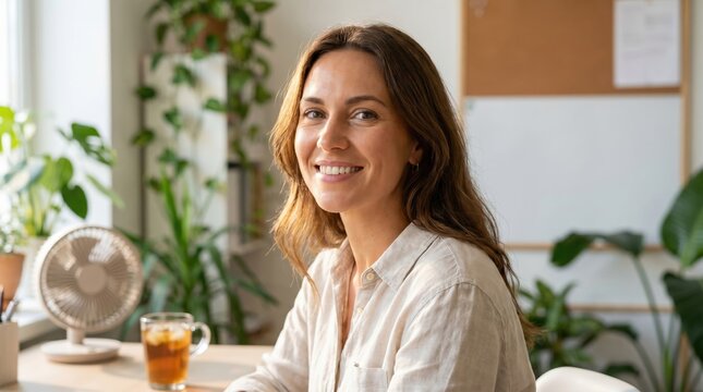 Friendly 35 year old caucasian woman smiling in a bright modern home office setting