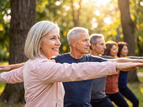 Happy group of diverse senior people practicing outdoor yoga or tai chi in a sunny park setting.