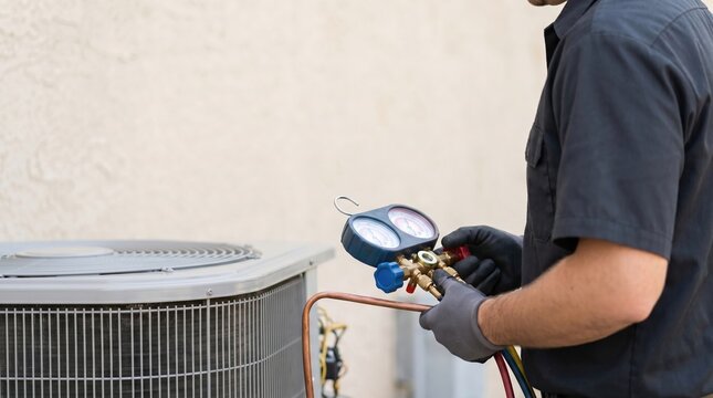 Professional male technician inspecting and servicing residential air conditioning unit outdoors