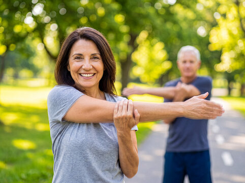 Mature woman smiling and stretching arm in green park with man in background, engaging in outdoor fitness activity.
