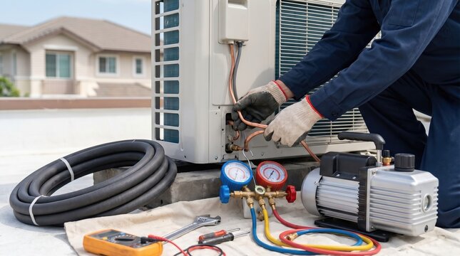 Technician repairing air conditioning unit on rooftop with vacuum pump and manifold gauges