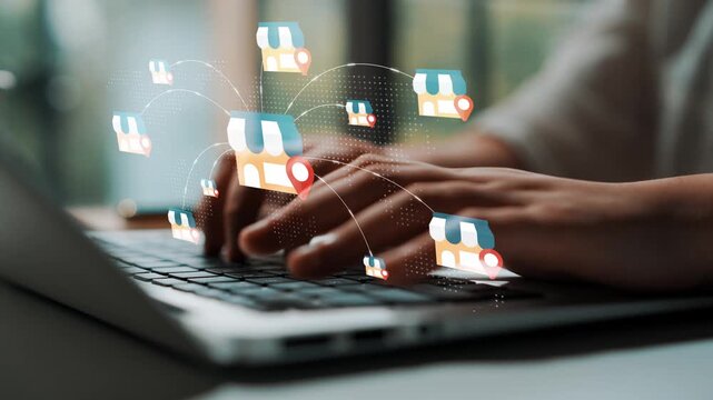 Digital Marketing Strategy with Online Store Icons and Location Pins Involving Laptop Usage and Hands Interaction for E-Commerce Business Growth Gluon.