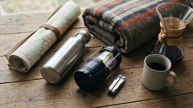 Camping gear flat lay with map, thermos, lantern, coffee maker and blanket on wooden table
