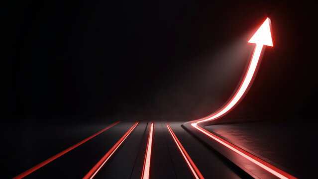 Single glowing red arrow curving sharply upward from a dark runway of light lines, symbolizing breakthrough growth, business takeoff and rapid performance gains