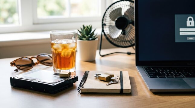 Digital data security and cybersecurity concept with locked laptop, hard drive, and padlock on office desk