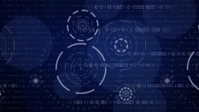 abstract digital animation of complex binary code and glowing circular data interfaces for high-tech cybersecurity concepts