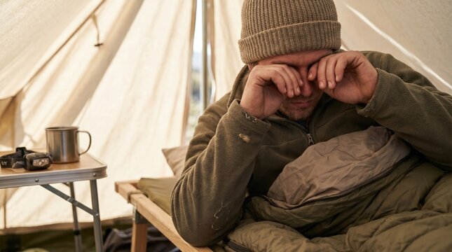 Tired adult male camper waking up in a tent rubbing his eyes in the morning light