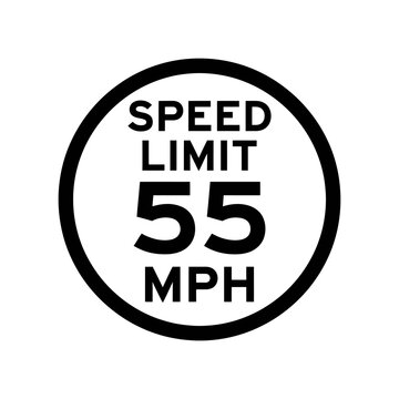 Speed limit sign displays 'SPEED LIMIT 55 MPH' in white text within a bold black circle on a white background, indicating a maximum velocity.