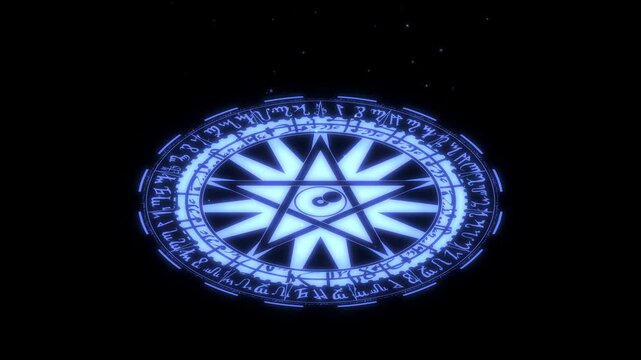 Blue Magic Circle Summoning Ritual With Glowing Runes And Pentagram Igniting On Black Background Luma Key 4K