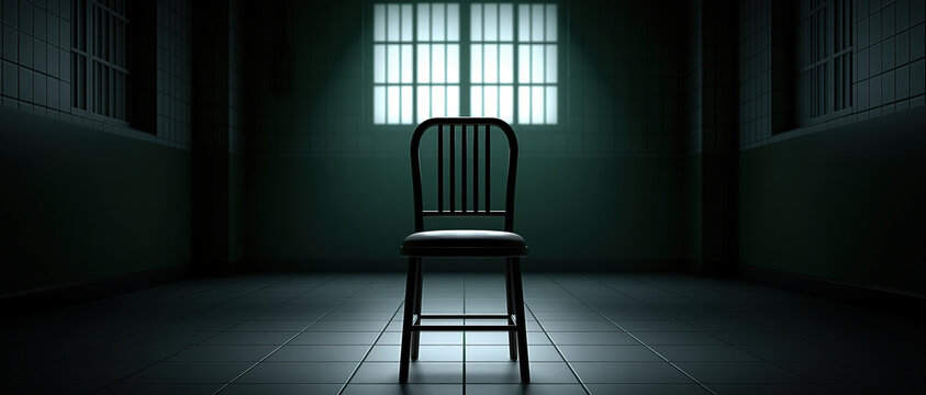Empty prison room with wooden chair beneath barred window, dark interior and cold light creating tense atmosphere of isolation and confinement