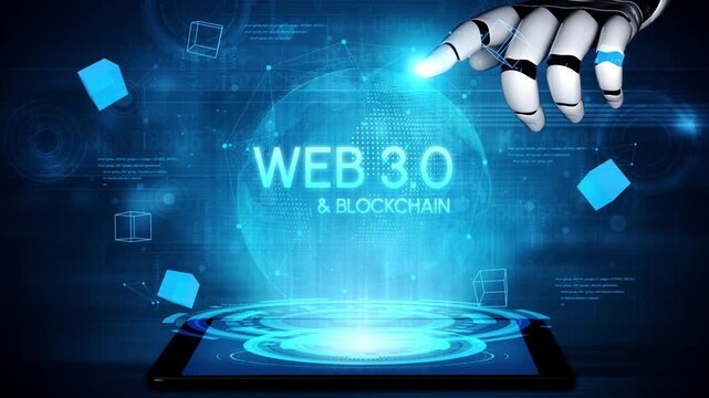 Futuristic Robot Hand Interacting with Digital Tablet Representing Web 3.0 and Blockchain Technology in a Virtual Environment. Entropy.