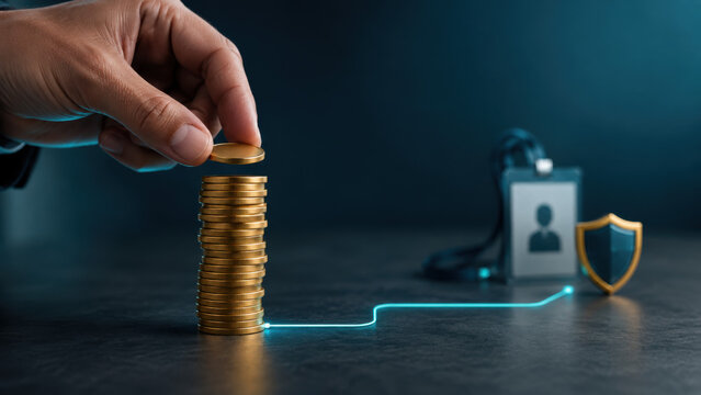 Hand stacking gold coins linked to an employee badge and shield, symbolizing payroll growth, salary increase and workforce financial protection