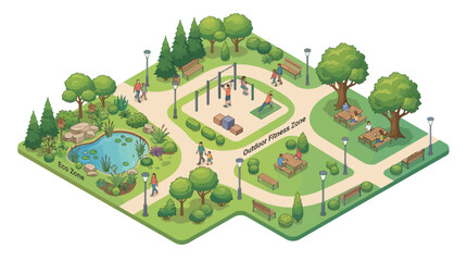 Fototapeta premium illustration of a lively park with outdoor fitness zone and scenic pond surrounded by benches and lush trees capturing urban