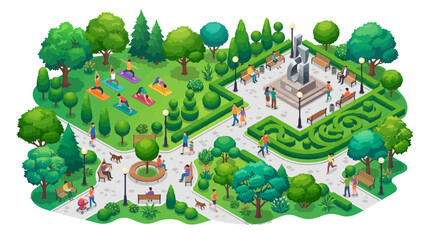 Fototapeta premium vivid illustration of a bustling outdoor park with diverse visitors enjoying activities amidst lush greenery and a prominent
