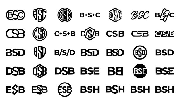 Minimalist Corporate Monogram Logo Bundle Featuring BSC CSB BSD DSB BSE BSH Letters With Modern Geometric Shield Badges and Tech Business Brand Identity Vector Emblems