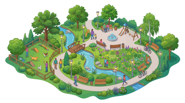 Vibrant park scene featuring winding paths, lush green trees, playful children, pet dogs, colorful flower beds, bridges over