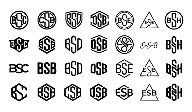 Geometric Corporate Letter Monogram Logo Bundle Featuring BSC BSD DSB BSE ESB BSH Initials With Hexagon Badges Triangle Emblems and Round Corporate Identity Vector Graphics
