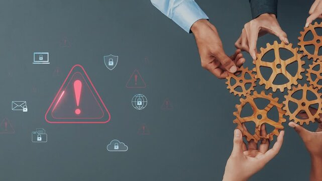 Two hands collaborate over gears with cybersecurity icons in the background. The image illustrates teamwork in addressing digital security risks and threats. Raster
