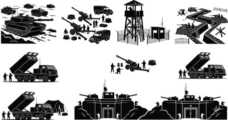 Fototapeta premium Set of black and white military silhouettes featuring tanks, artillery, bunkers, and defense systems