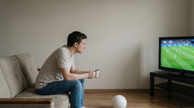 Young caucasian man watching a soccer match on television at home while holding a cup