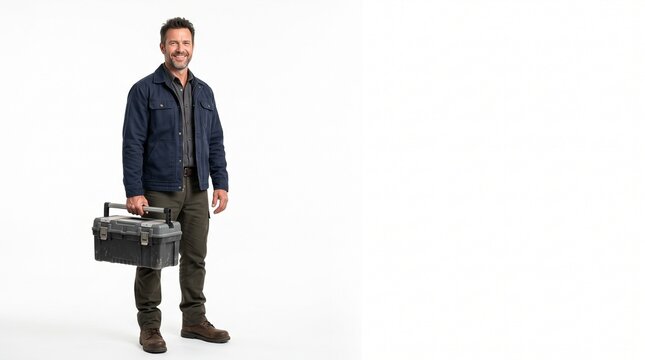 A smiling man in a jacket and jeans holding a toolbox and wearing work boots, standing on a white background