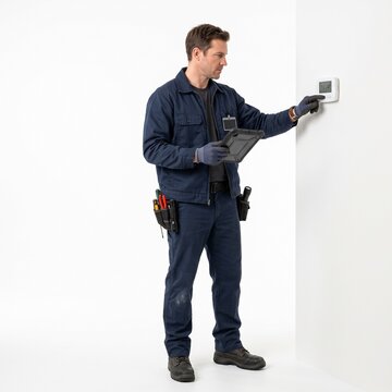 A technician wearing blue work clothes and gloves is checking a thermostat on the wall, holding a tablet in his other hand