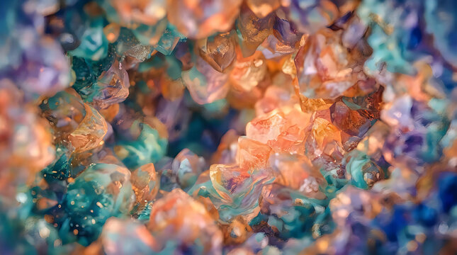Abstract macro background featuring vibrant colorful crystals and sparkling gemstone textures with soft bokeh light effects