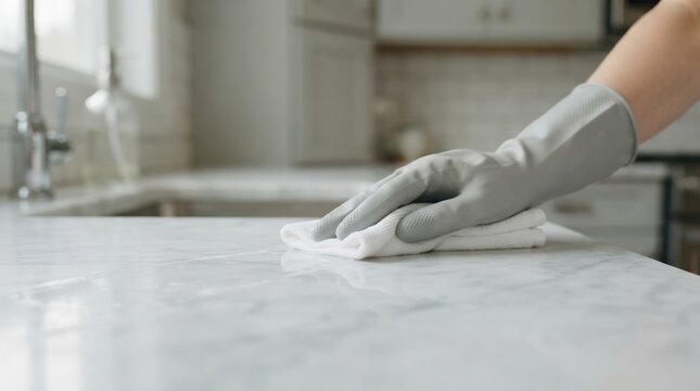 Person wearing gray rubber gloves wiping a marble kitchen countertop with a white cleaning cloth