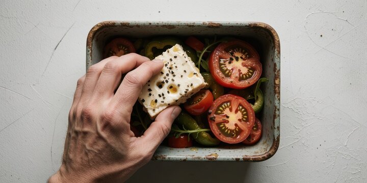 A hand placing feta cheese into a baking dish with tomatoes and peppers for a Mediterranean recipe