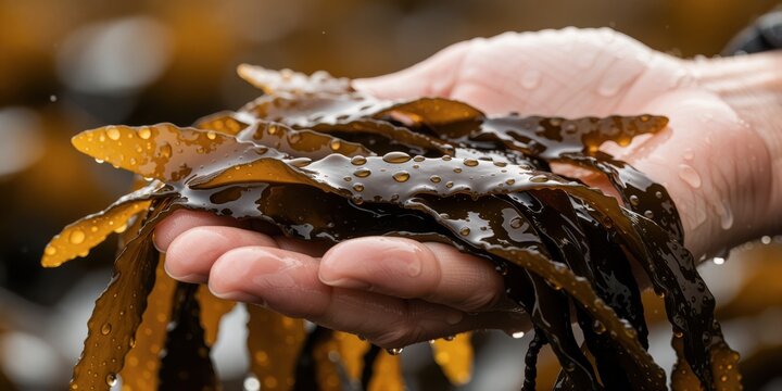 Fresh brown kelp seaweed held in a person's hand representing sustainable ocean harvesting and organic marine agriculture for health and food concepts