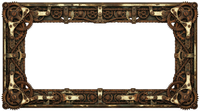 Rectangular picture frame decorated with rusty vintage brass clockwork gears against isolated white background industrial border