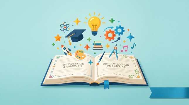 Open Educational Book with Knowledge and Growth Concept Illustration Showing Light Bulb Graduation Cap and Learning Icons on Turquoise Background