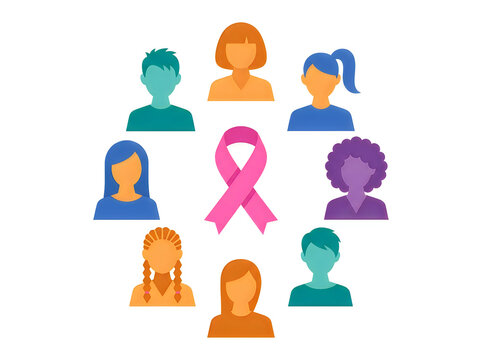 Diverse group of women surrounding a pink ribbon for breast cancer awareness