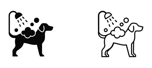 Obraz premium Dog Grooming and Bathing Icon Set in Different Styles. Dog Washing Shower Grooming Pet Care Vector Line Art Icon Set Isolated White. 