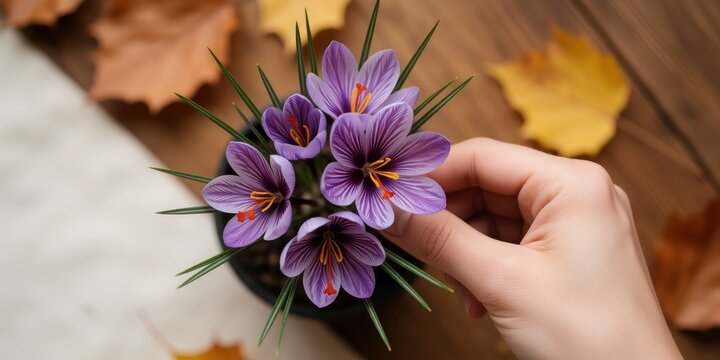 Woman harvesting fresh purple saffron crocus flowers in a pot with autumn leaves on a wooden table for spice production and herbal medicine